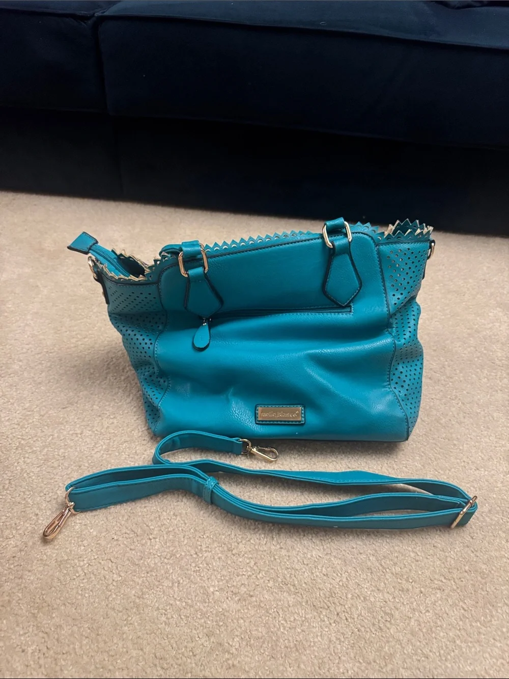 Melie Biiano Teal Perforated Tote with Gold Accents